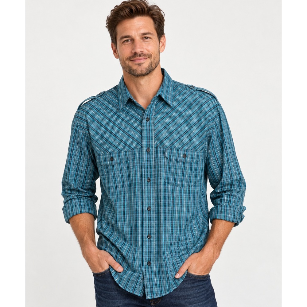 Alfani Mens Utility Plaid Shirt Size XL Workwear Teal Blue Epaulet Dual Pocket - Picture 7 of 8
